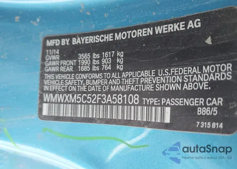 2015 Mini Hardtop Cooper z USA, uszkodzony, nr VIN WMWXM5C52F3A58108